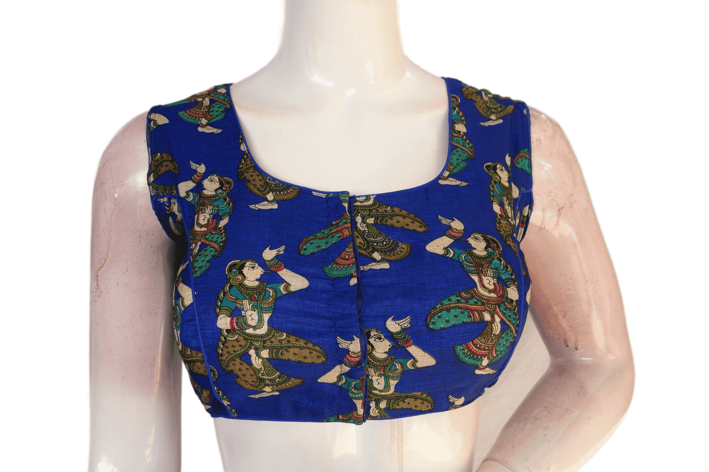 Blue Color Printed silk Sleeveless Readymade saree blouse - D3blouses