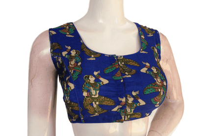 Blue Color Printed silk Sleeveless Readymade saree blouse - D3blouses