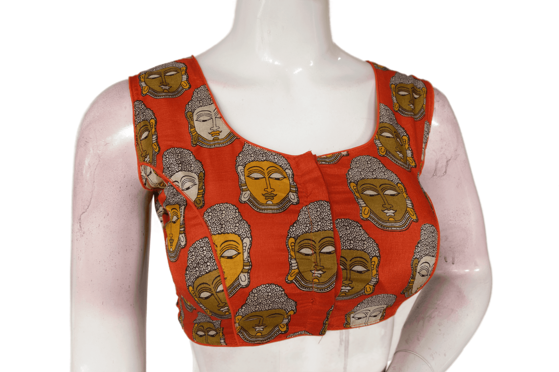 Orange Color Printed silk Sleeveless Readymade saree blouse - D3blouses