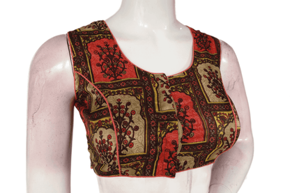 Beige Color Printed silk Sleeveless Readymade saree blouse - D3blouses