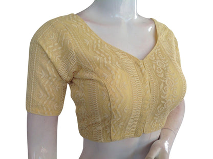 Pastel Yellow Chikankari Embroidery Indian saree Readymade blouse