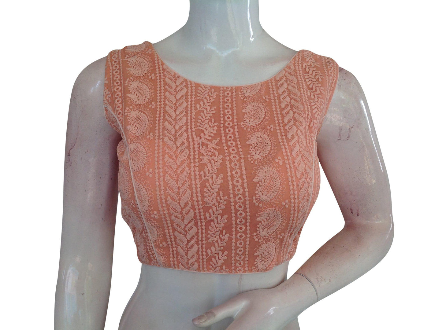peach color chikankari embroidery boat neck readymade saree blouse 1