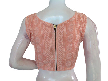 peach color chikankari embroidery boat neck readymade saree blouse 1