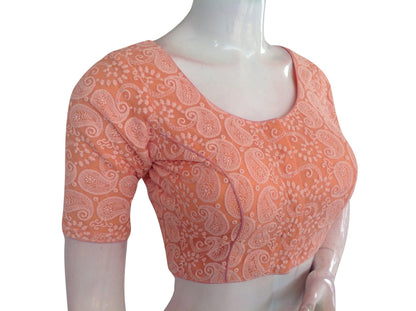 orange color chikankari embroidery readymade blouse 1