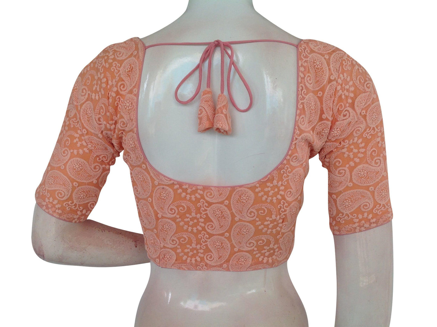 orange color chikankari embroidery readymade blouse 1