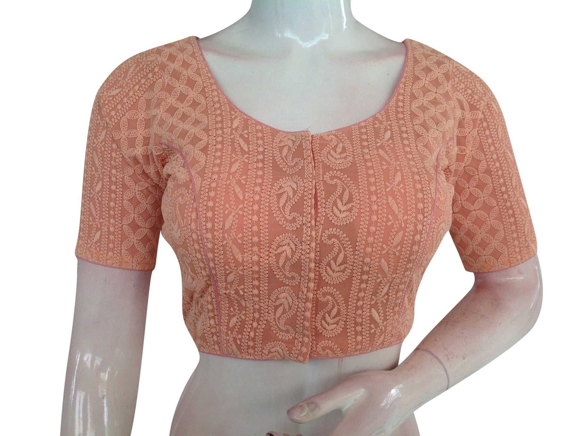 orange color chikankari embroidery readymade blouse 2
