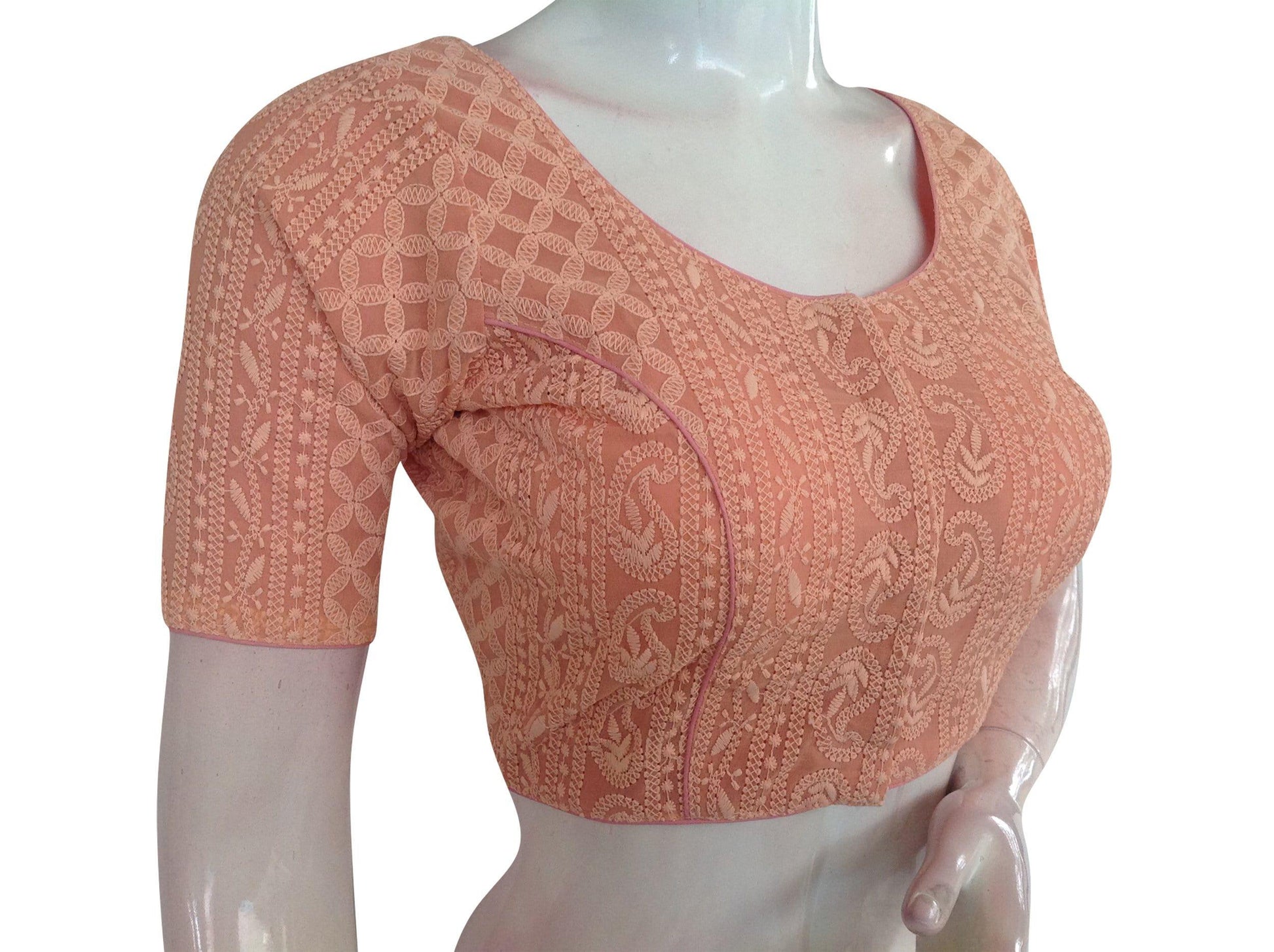 orange color chikankari embroidery readymade blouse 2
