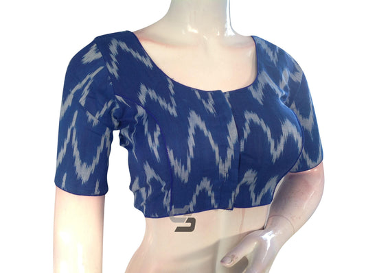 Navy Blue Color Ikkat Cotton Readymade Saree Blouse - D3blouses