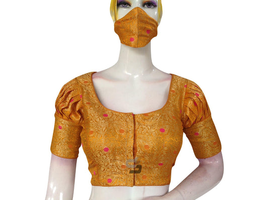 Mustard Color Brocade Puff Sleeves Readymade Saree Blouse With Matching Mask - D3blouses
