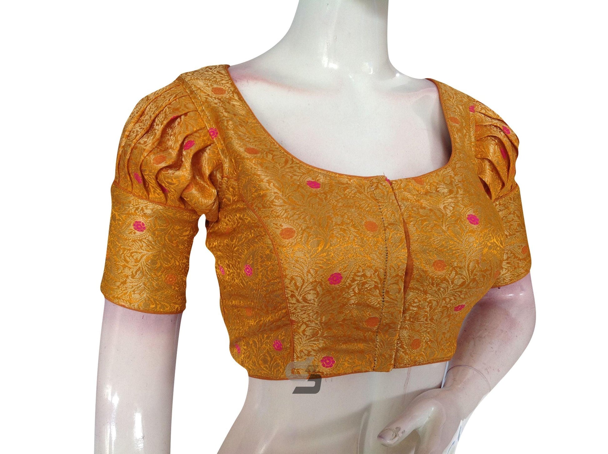 Mustard Color Brocade Puff Sleeves Readymade Saree Blouse With Matching Mask - D3blouses