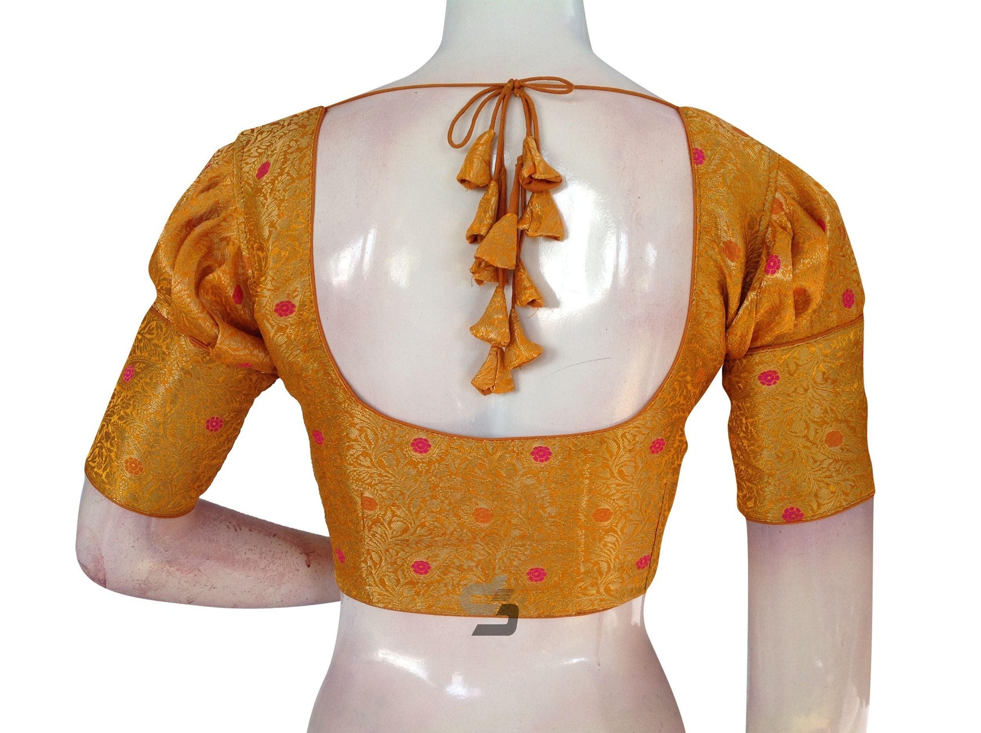 Mustard Color Brocade Puff Sleeves Readymade Saree Blouse With Matching Mask - D3blouses