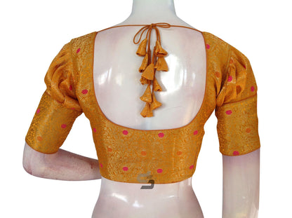 Mustard Color Brocade Puff Sleeves Readymade Saree Blouse With Matching Mask - D3blouses