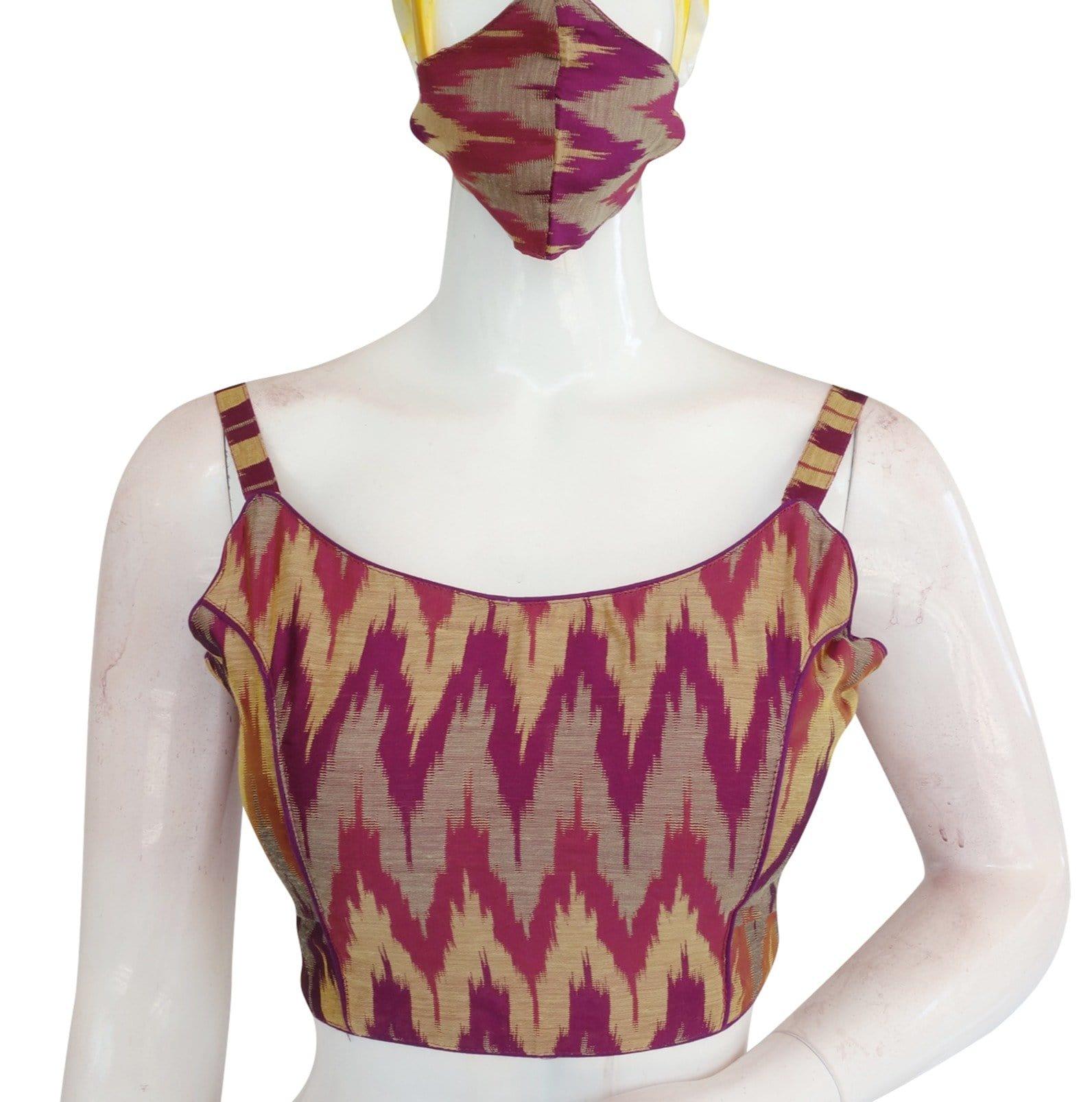 Elevate your style with our Vibrant Multi Ikkat Silk Designer Blouse featuring spaghetti strap elegance. This blouse is a colorful and stylish addition to your wardrobe, perfect for various occasions. Explore the fusion of tradition and contemporary fashion with this unique piece today!